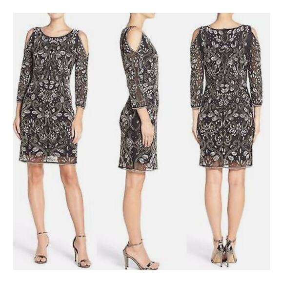 Pisarro Nights Embellished Mesh Cold-Shoulder Dress size 6 Silver Beads &  Sequin
